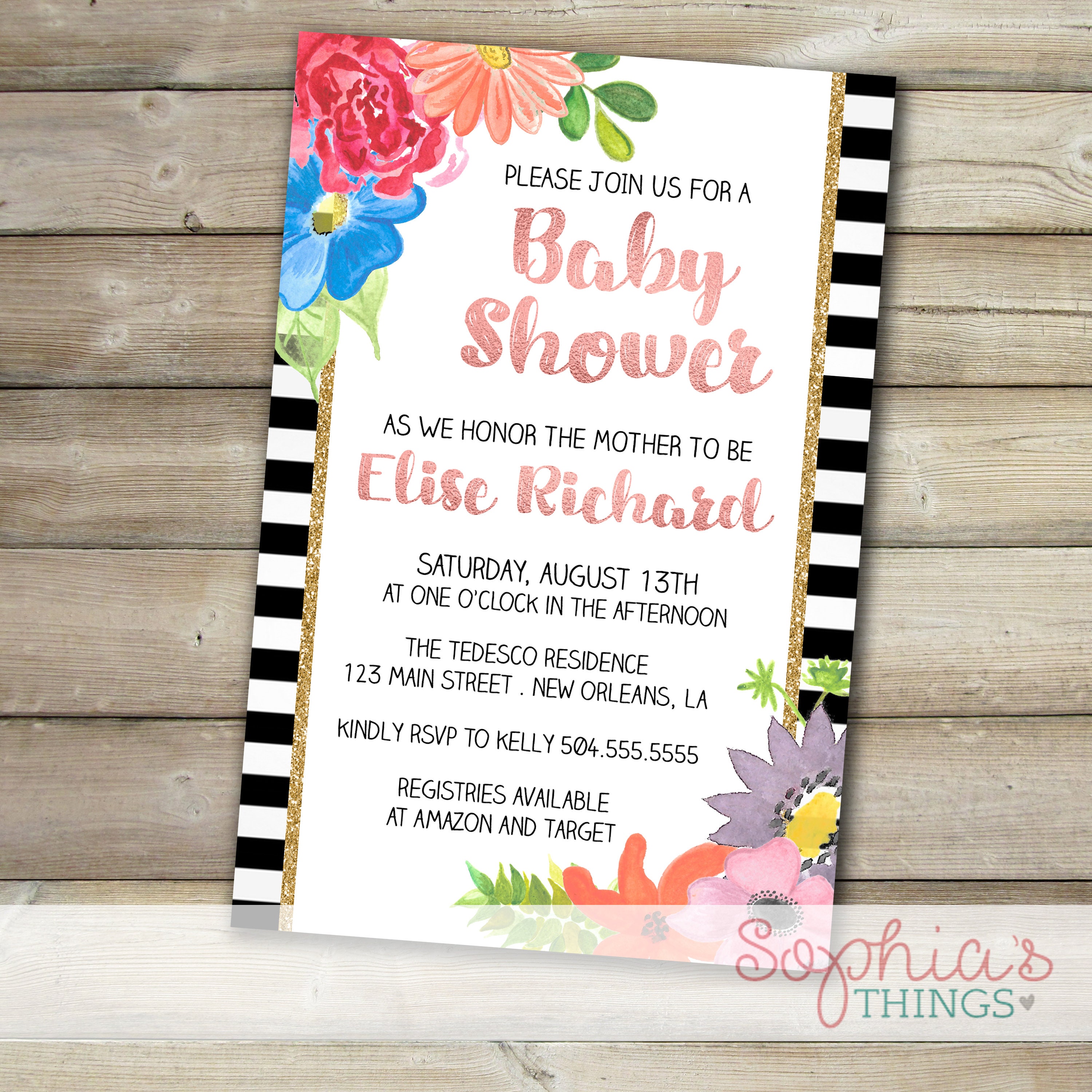 Floral Baby Shower Invitation Rose Gold Foil And Gold Glitter Etsy