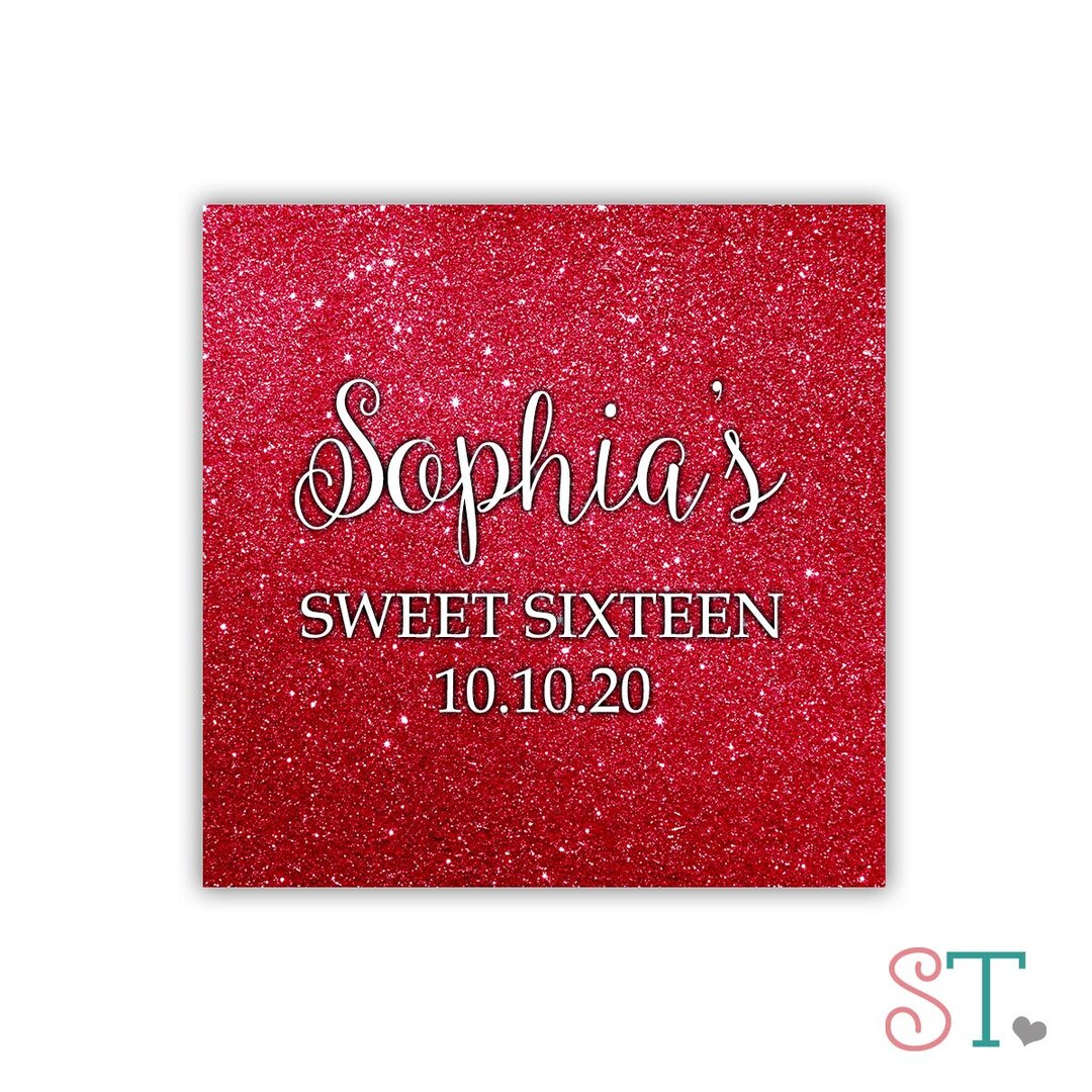 Red Glitter Sweet 16 Favor Labels | Personalized Birthday Stickers - Etsy