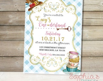 Alice in Wonderland Invitation, Tea Party Birthday Invitation, Onderland, Vintage Alice and Wonderland Theme Invite, Printable or Printed