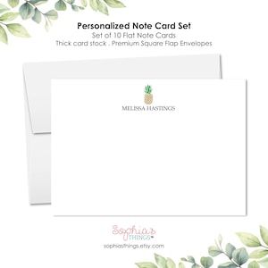 May include: Personalized note card set with a pineapple design. The set includes 10 flat note cards and premium square flap envelopes. The card features the text "MELISSA HASTINGS".