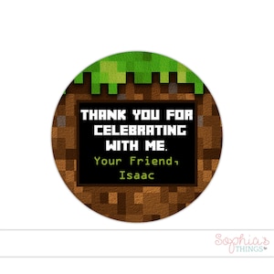 Pixelated Mine Theme Thank You Stickers: Personalized Birthday Party Favors