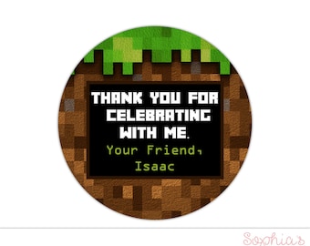 Mined Theme Birthday Thank You Labels, Mine Theme Birthday Party Stickers, Pixelated Mine Theme Favors, Personalized Party Favor Labels