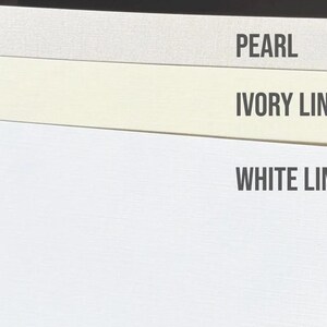 May include: Three rectangular sheets of paper stacked vertically, each featuring a distinct texture and color. The top sheet is labeled PEARL, the middle sheet is labeled IVORY LINEN, and the bottom sheet is labeled WHITE LINEN in dark gray text.