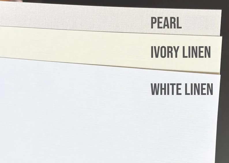 May include: Three rectangular sheets of paper stacked vertically, each featuring a distinct texture and color. The top sheet is labeled PEARL, the middle sheet is labeled IVORY LINEN, and the bottom sheet is labeled WHITE LINEN in dark gray text.