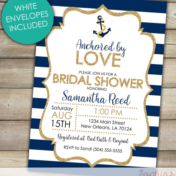 Anchored By Love Bridal Shower Invitation, Nautical Bridal Shower Invite, Anchor Theme Wedding Shower Invitation, Navy Stripe Gold Glitter