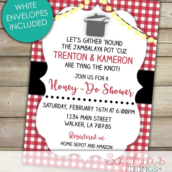 Honey Do Shower Invitation, Jambalaya Picnic Bar B Q Engagement Party, Cook Out, Crawfish Boil Couples Shower, Bridal Shower, Baby Shower