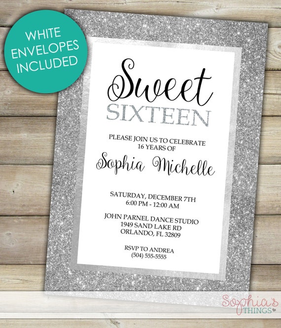 Sweet 16 Invitation Silver Glitter Pink Ombre Sweet Sixteen Invitations Birthday Party Invitations Silver Foil Sweet 16 Party Invitation