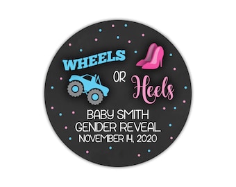 Wheels or Heels Gender Reveal Thank You Stickers, Gender Reveal Party Favor Stickers, Heels or Wheels Gender Reveal Party Labels, Round