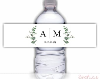 Personalized Wedding Water Bottle Labels, Eucalyptus Wedding Water Labels, Greenery Couples Shower, Green Leaf Botanical  Branch Welcome Bag