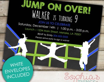 Trampoline Party Invitations, Indoor Trampoline Park Party, Bounce Party, Jumping Birthday Party Theme, Green Blue and Black Jump Party