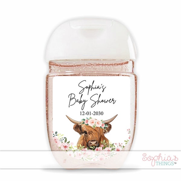 Highland Cow Hand Sanitizer Labels, Baby Shower Party Favor, Baby Sprinkle Hand Sanitizer Label, Boho, Bohemian, Rustic Western