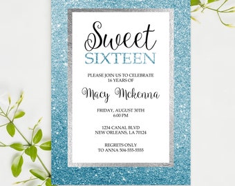 Winter Sweet 16 Invitation, Winter Blue Glitter Sweet Sixteen Invitations, Light Blue and Silver, Winter Wonderland Birthday Invitation