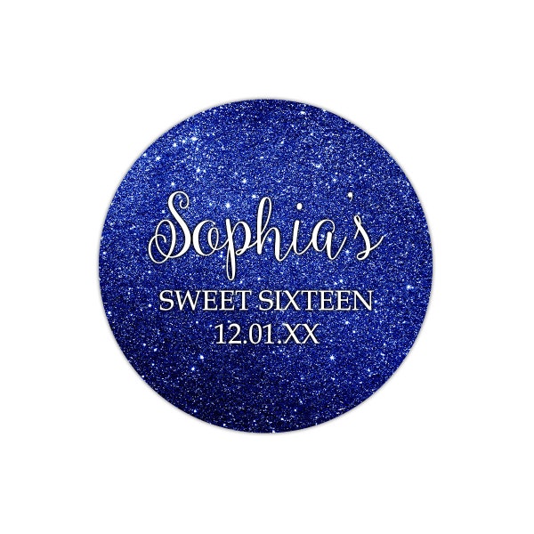 Sweet 16 Royal Blue Glitter Thank You Stickers, Sweet Sixteen Dark Blue Thank You Labels, Blue Glitter Birthday Party Favor Labels, Shower