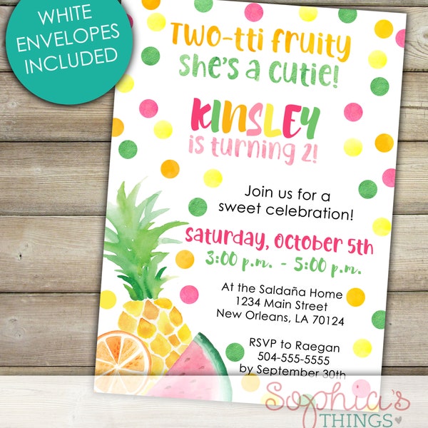 Two-tti Fruity Watercolor Birthday Invitation, TWOti Frutti 2nd Birthday Invitation, Tutti-Frutti Party Invitation, Two-tti Frutti Invite