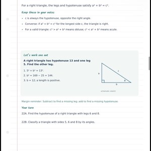 May include: A page from a geometry notebook titled Pythagorean theorem. It explains the formula a&sup2; + b&sup2; = c&sup2;, provides notes on hypotenuse and triangle types, and includes a worked example with a right triangle sketch and practice problems.
