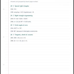 May include: A white notebook page titled Geometry / Notebook Series: Check your thinking. It lists math answer key entries for sections 23 through 26, including Special right triangles, Right-triangle trigonometry, Circle angles & arcs, and Tangents, chords & secants with numerical solutions.