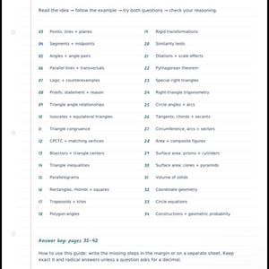 May include: A white notebook page titled Geometry / Notebook Series with the heading Open your notebook. It lists 34 numbered geometry topics in two columns, ranging from Points, lines + planes to Constructions + geometric probability.