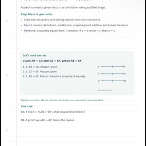 May include: A page from a geometry notebook titled Proofs: statement + reason. It explains how to connect facts to a conclusion, provides notes on givens and reasons, and includes a sample proof for AB = CD and CD = EF, proving AB = EF.