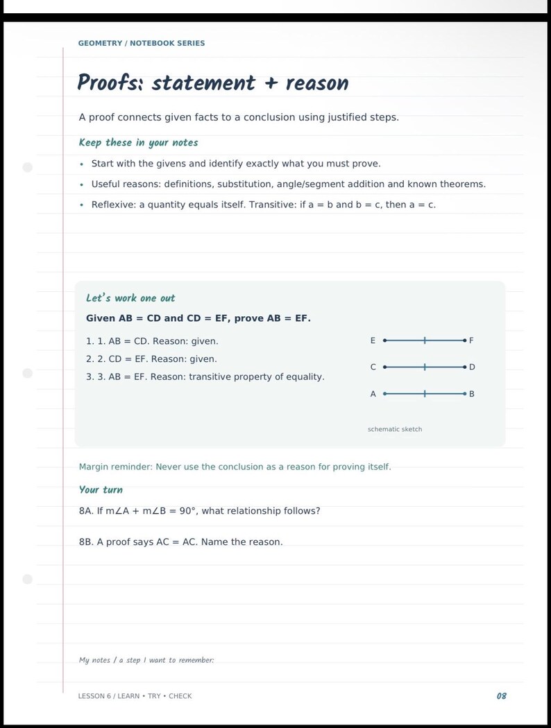 May include: A page from a geometry notebook titled Proofs: statement + reason. It explains how to connect facts to a conclusion, provides notes on givens and reasons, and includes a sample proof for AB = CD and CD = EF, proving AB = EF.