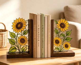 May include: A pair of L-shaped wooden bookends featuring stained glass panels with yellow sunflower designs and green leaves. The bookends hold four books titled Outdoor Idylls, The Kinfolk Home, A Way to Garden, and Sunday Suppers between them.