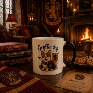 May include: A white ceramic mug with a black handle featuring a graphic of a corgi wearing a striped scarf and a crest. The text Gryffin-dog is printed above the dog. The mug is positioned on a wooden surface next to books and a card.