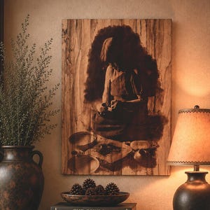 May include: A rectangular wooden wall art piece featuring a dark brown sepia-toned illustration of a person working with pottery. The artwork is displayed above a dark wooden dresser with a vase, a bowl of pinecones, and three stacked books.