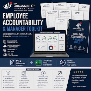 May include: The Organized Op Canada Employee Accountability & Manager Toolkit includes a laptop displaying an employee accountability dashboard, a spiral-bound manual, and various printed management templates for tracking performance and team accountability.