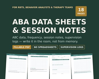 Hojas de datos ABA, notas de sesión, registros de supervisión (PDF rellenable)