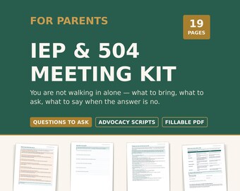 Kit para padres para reuniones sobre el Programa de Educación Individualizada (IEP) Sección 504 / Carpeta rellenable, preguntas, guiones de defensa (descarga digital)