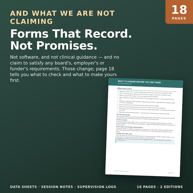 Op de afbeelding: Een 18-pagina tellende documentenset met een donkergroene omslag en witte tekst getiteld Forms That Record. Not Promises. Het document bevat een pagina getiteld What To Change Before You Use These, met instructies voor databladen en notities.