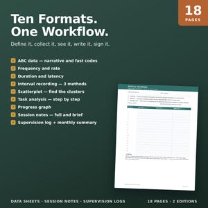 Op de afbeelding: Een digitale documentenset getiteld Ten Formats. One Workflow. met 18 pagina's aan gegevensverzamelingsbladen. De tekst bevat ABC-gegevens, frequentie, duur, intervalregistratie, spreidingsdiagrammen, taakanalyse en supervisielogboeken.