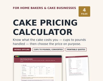 Calculadora de precios de pasteles para panadería casera, herramienta de costo-beneficio, conversión de tazas a libras.