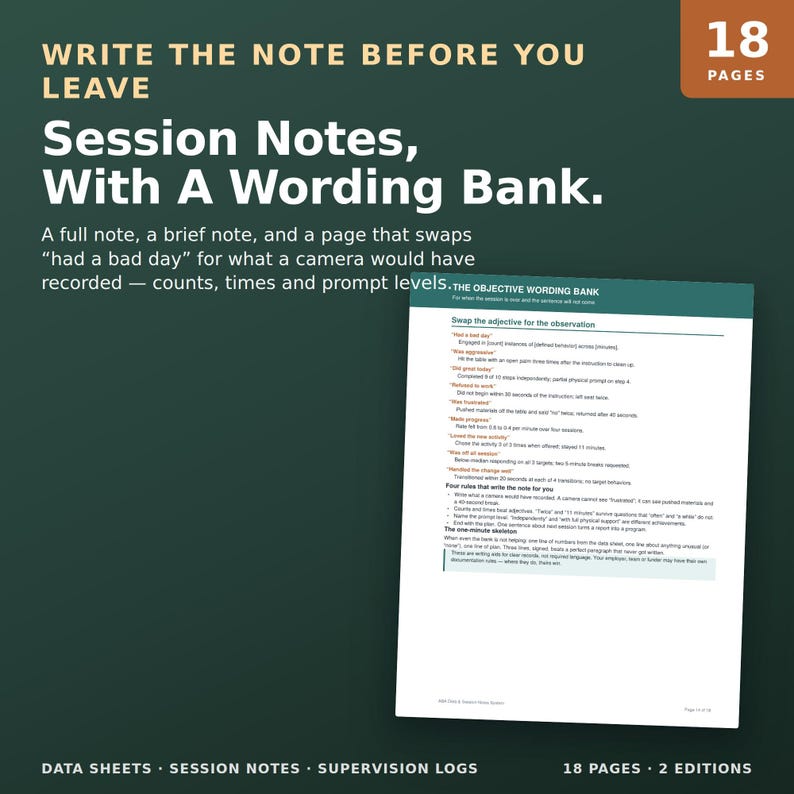 Op de afbeelding: Een document van 18 pagina's getiteld Write The Note Before You Leave, Session Notes, With A Wording Bank. De pagina toont The Objective Wording Bank, met instructies voor het vervangen van bijvoeglijke naamwoorden door observaties.