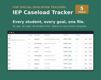 IEP Caseload Tracker, Special Education Data Sheets, Progress Monitoring (Works Offline)