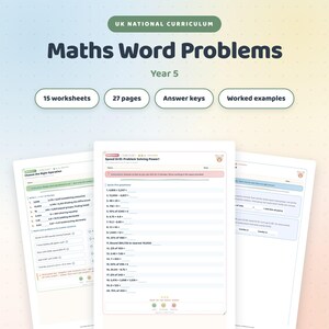Può includere: Un set di materiali didattici intitolato UK National Curriculum Maths Word Problems Year 5, che comprende 15 schede, 27 pagine, chiavi di risposta ed esempi svolti. Il documento contiene esercizi di matematica e problemi da risolvere.