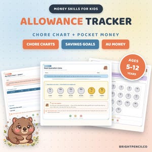 Kids Allowance Tracker Printable, Chore Chart with Money, Savings Goal Chart and Coin Worksheets, Money Skills for Ages 5 to 12
