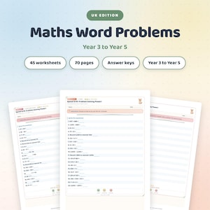 Hojas de ejercicios de problemas matemáticos, práctica de matemáticas para alumnos de 3.º a 5.º de primaria, 45 hojas de ejercicios + claves de respuestas, edición para el Reino Unido.