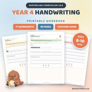 Year 4 Handwriting Practice, Australian Edition | Joined Writing | 77 Worksheets | Fluency, Speed, Presentation | A4+Letter PDF