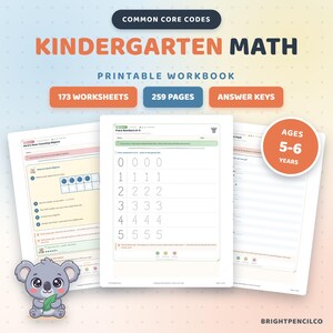 Kindergarten Math Worksheets Printable, 173 Worksheets, Counting, Addition and Shapes, Homeschool Pack with Common Core Codes