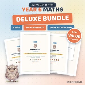 Year 6 Maths BUNDLE Australian Edition | 175 Worksheets, Teaching Guide, Flashcards & Certificates | 9 PDF Bundle
