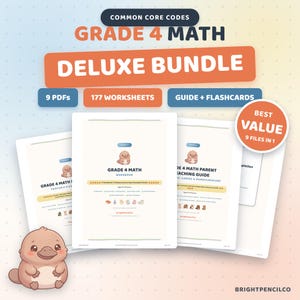 4th Grade Math Bundle, 177 Worksheets, Decimals, Angles and Area, Teaching Guide, Flashcards and Certificates, Common Core Codes, 9 PDFs