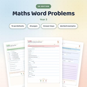 Hojas de ejercicios de problemas matemáticos para tercer año, 15 hojas imprimibles con claves de respuestas, edición para el Reino Unido. Paquete de matemáticas para educación en casa.