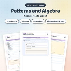 Hojas de ejercicios de patrones y álgebra, práctica de matemáticas para niños de preescolar a sexto grado, 91 hojas de ejercicios + claves de respuestas.