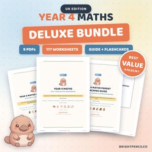 Year 4 Maths KS2 Homeschool Bundle, Ages 8 to 9, UK Primary Maths Workbook, Teaching Guide, Flashcards and Certificates, 9 PDFs