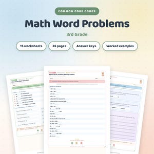 Hojas de ejercicios de problemas matemáticos para tercer grado, 15 hojas de ejercicios + claves de respuestas, matemáticas para educación en el hogar, códigos Common Core.