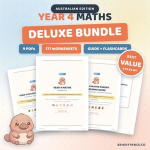 Year 4 Maths BUNDLE Australian Edition | 177 Worksheets, Teaching Guide, Flashcards & Certificates | 9 PDF Bundle