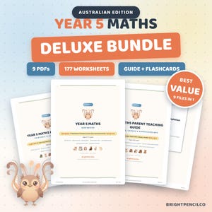 Year 5 Maths BUNDLE Australian Edition | 177 Worksheets, Teaching Guide, Flashcards & Certificates | 9 PDF Bundle