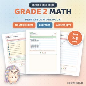 2nd Grade Math Worksheets Printable, 173 Worksheets, Skip Counting, Time and Money, Homeschool Pack with Common Core Codes