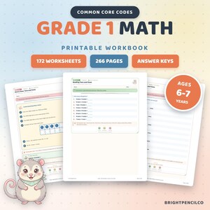 1st Grade Math Worksheets Printable, 172 Worksheets, Place Value, Addition and Time, Homeschool Pack with Common Core Codes