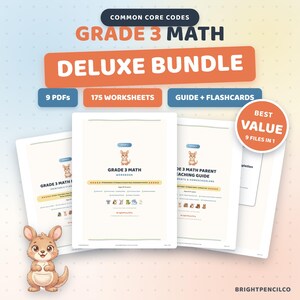 3rd Grade Math Bundle, 175 Worksheets, Teaching Guide, Flashcards and Certificates, Common Core Codes, 9 PDFs